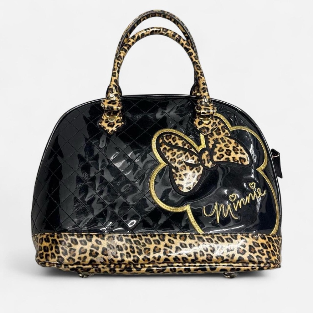 Minnie Mouse Loungefly Synthetic Patent Black Quilted & Leopard Print Dome Purse